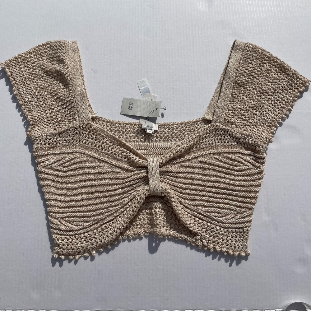 River Island Beige Crochet Crop Top with Gold Shimmer | US 14 - Picture 2 of 6